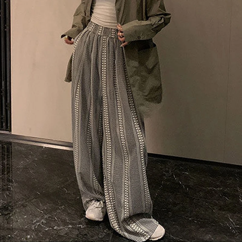 Women Clothing Vintage Plaid Embroidery Streetwear Oversize Wide Leg Pants Female Korean Chic High Waist Y2K Trousers Pantalones