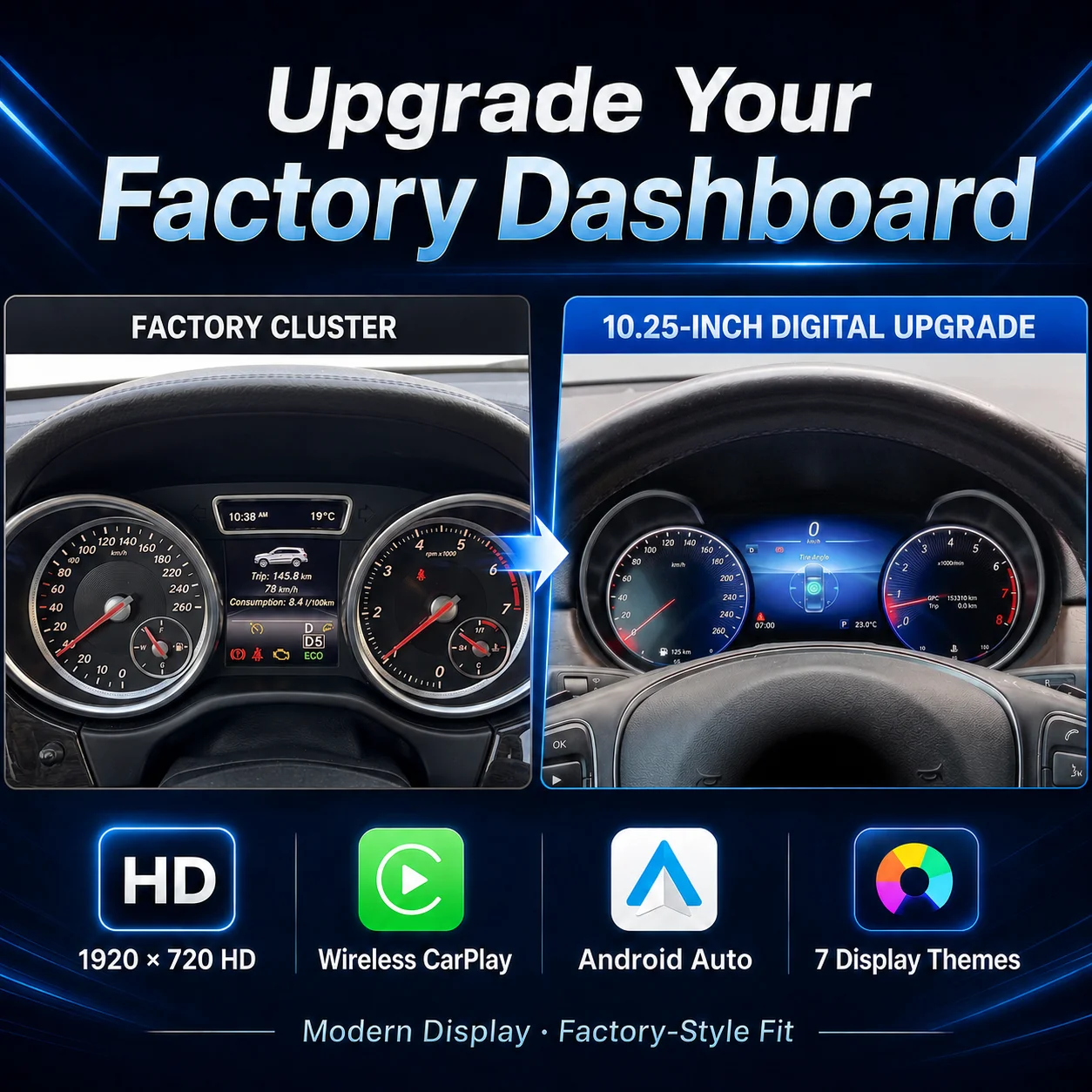 AUTOTOP 10,25" LCD-Dashboard für Benz M-Klasse ML W166 GL X166 GLE W166 GLS X166 G-Klasse W463 2012-2018, Digitales Cockpit, Kabelloses CarPlay Android Auto, Lenkradsteuerung, 3 Displaygrößen,