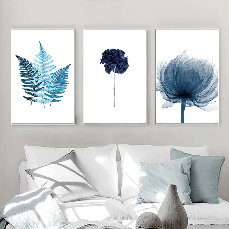 Watercolor Blue Botanical Leaf Poster Minimalist Nordic Flowers Plant Canvas Painting Wall Art Pictures for Living Room Decor