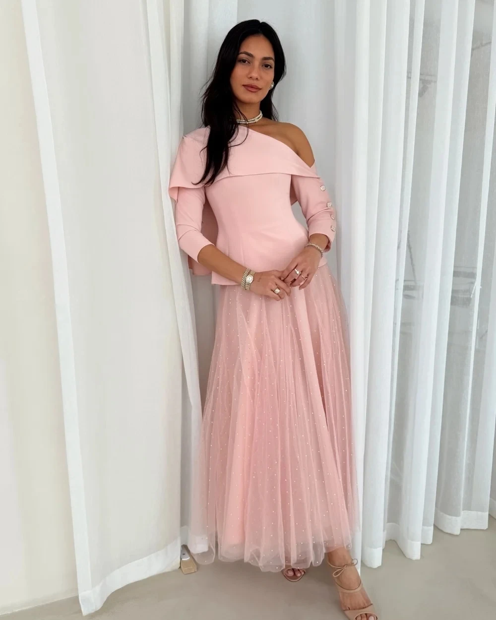 

Pink 3/4 Sleeves Party Bespoke Occasion Gown Evening Dresses Prom Pastrol Unisex Jersey Retro Dubai Saudi Arabic Customized