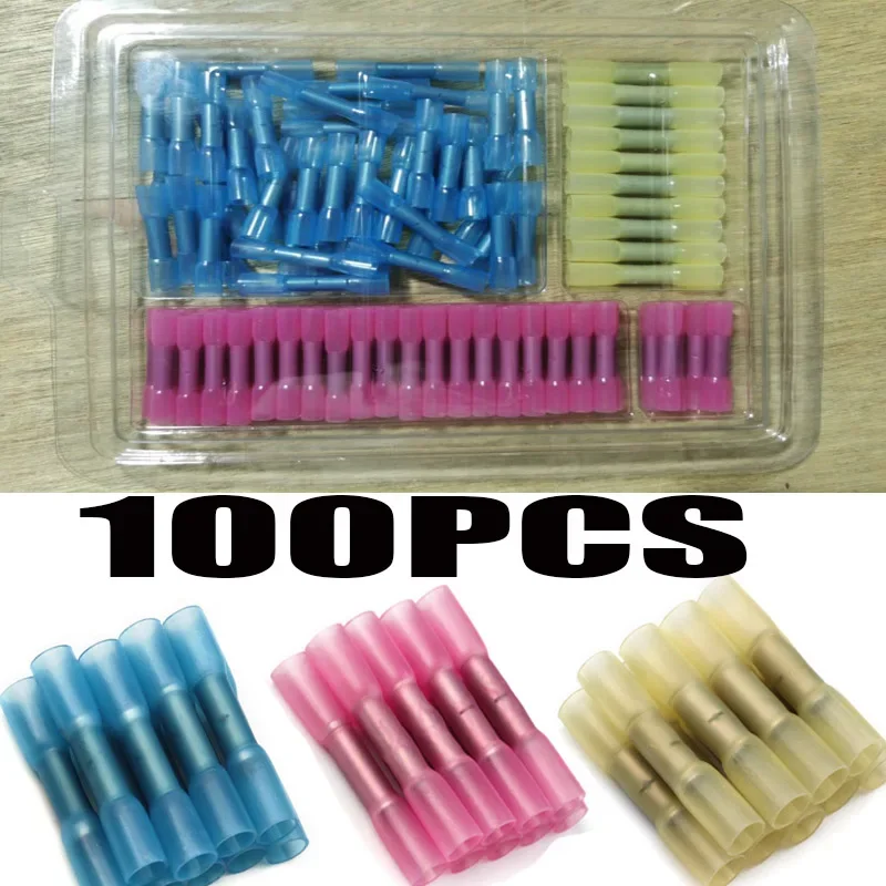 100PCS 22-10 AWG Heat Shrink Butt Connectors, Waterproof Insulated Red Crimp Wire Terminals for Electrical Wiring