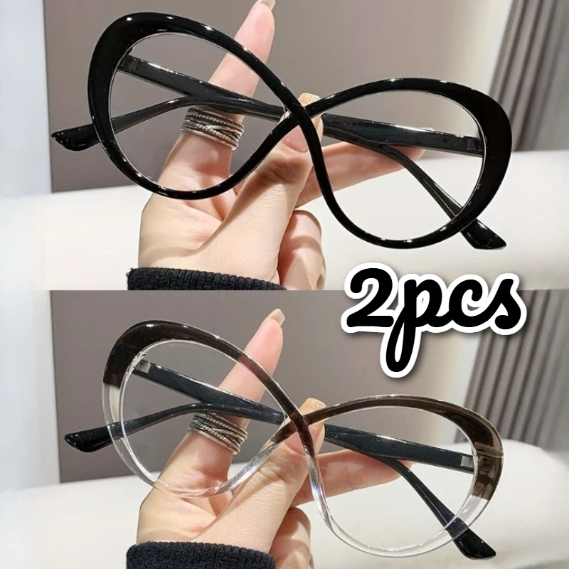 2Pcs New Color‑Block Women Cat‑Eye Decor Glasses, Retro Figure‑8 Frame, Minimalist Premium, Flattering for All, Great for Photos