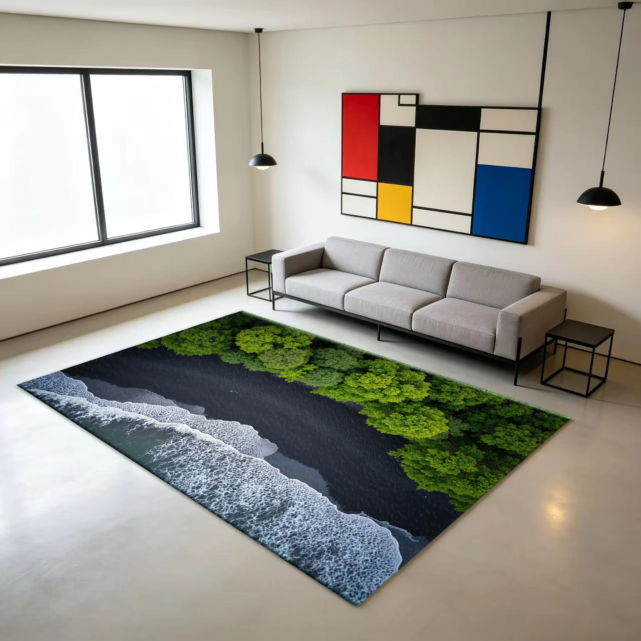 Aerial View of Black Beach Forest Scenery Carpet Floor Natural Landscape Non-Slip Floor Mat for Home Use