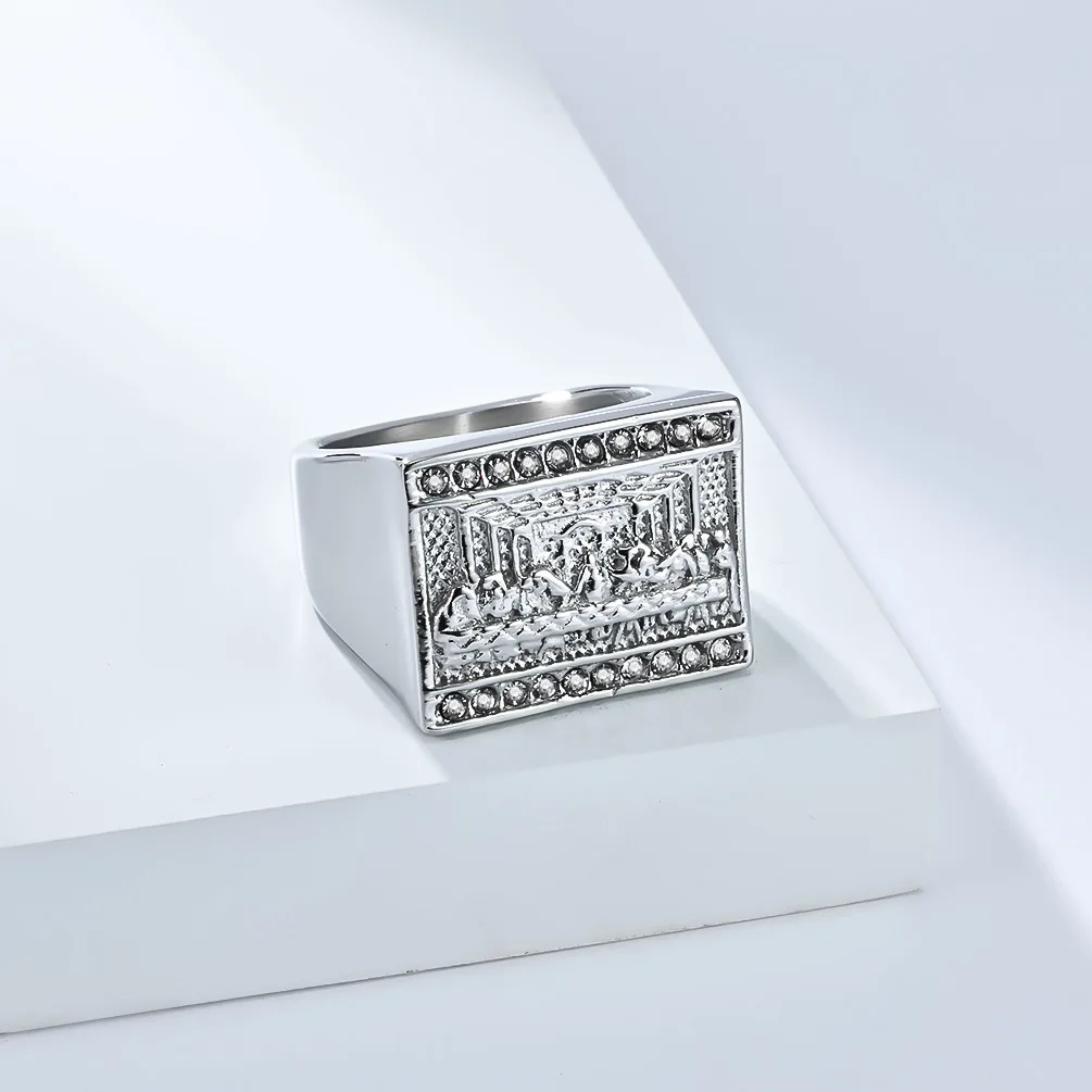 Quadratische Geometrie Zirkon Ringe Edelstahl Kunst Retro Männliche Persönlichkeit Hip Hop Mode Ring Schmuck – Detail 4