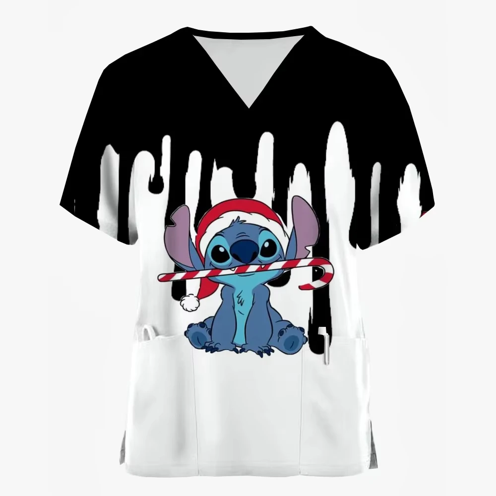 

Cartoon Disney Stitch Print Nursing Scrubs Women Tops Short Sleeve V-neck Merry Christmas Working Uniform Blouse Costume Shirts