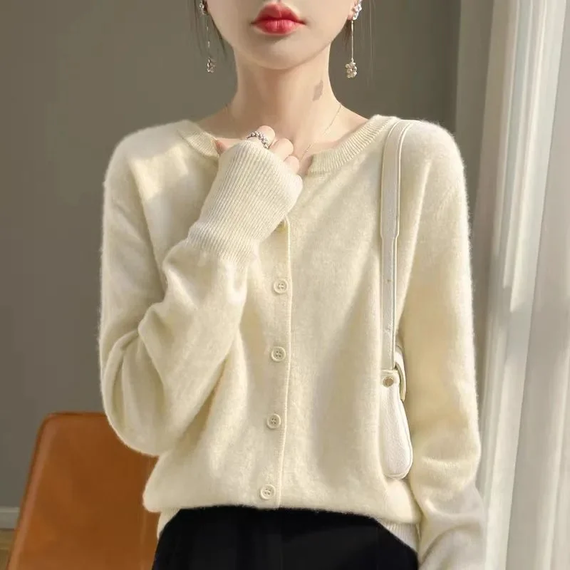 

Женский однобортный Кардиган с круглым вырезом, однотонный трикотажный свитер, облегающий белый кардиган, повседневная верхняя одежда, весна-осень