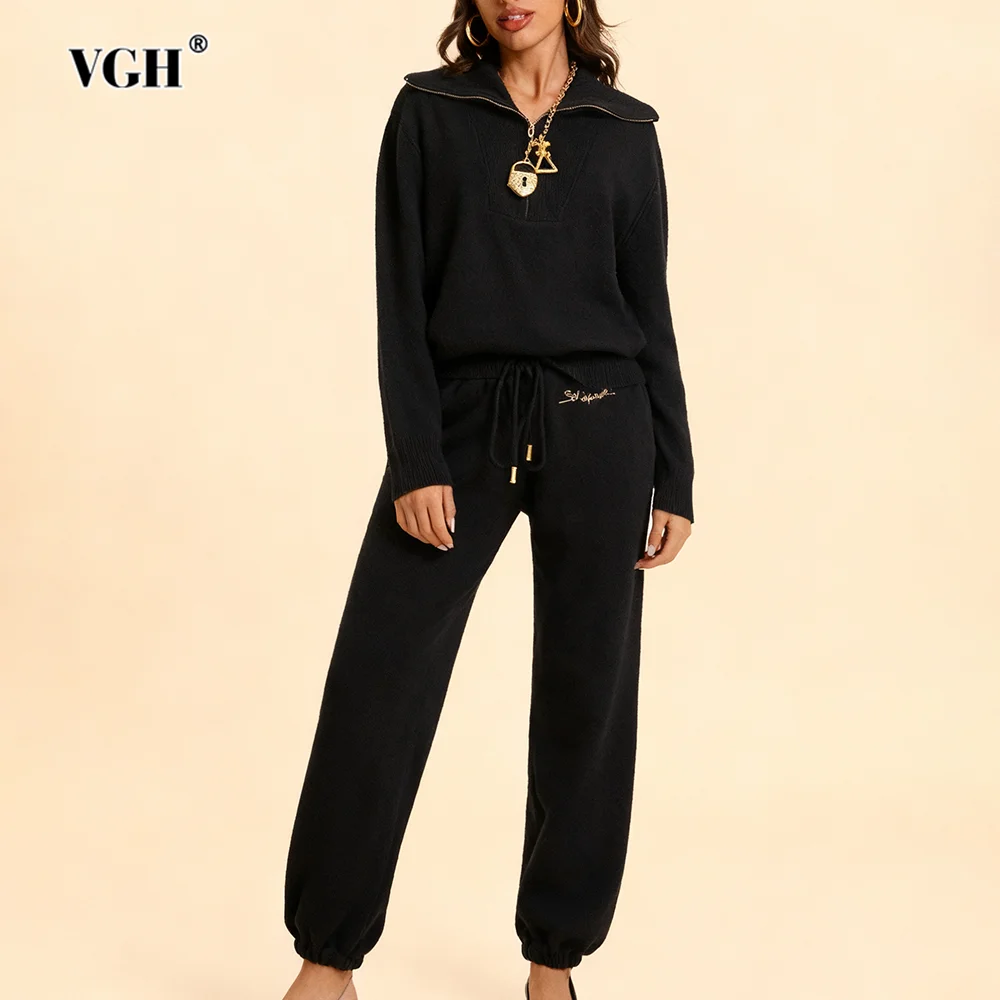 

VGH Designer Solid Vintage Two Piece Sets For Women V Neck Long Sleeve Spliced Zipper Top High Waist Pants Casual Set Female New
