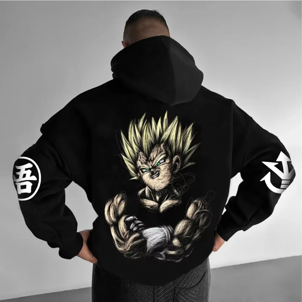 

Dragon Ball Z Men's Hoodie Autumn and Winter Animation Vegeta Printing Super Street Clothing Casual Loose Version Black Pullover