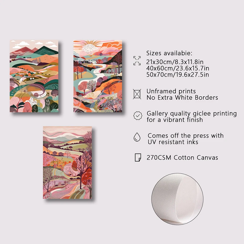 Pink Landscape Illustrations Canvas Print Posters Three Abstract Prints Wall Art Posters Wales Art Painting Living Room Decor
