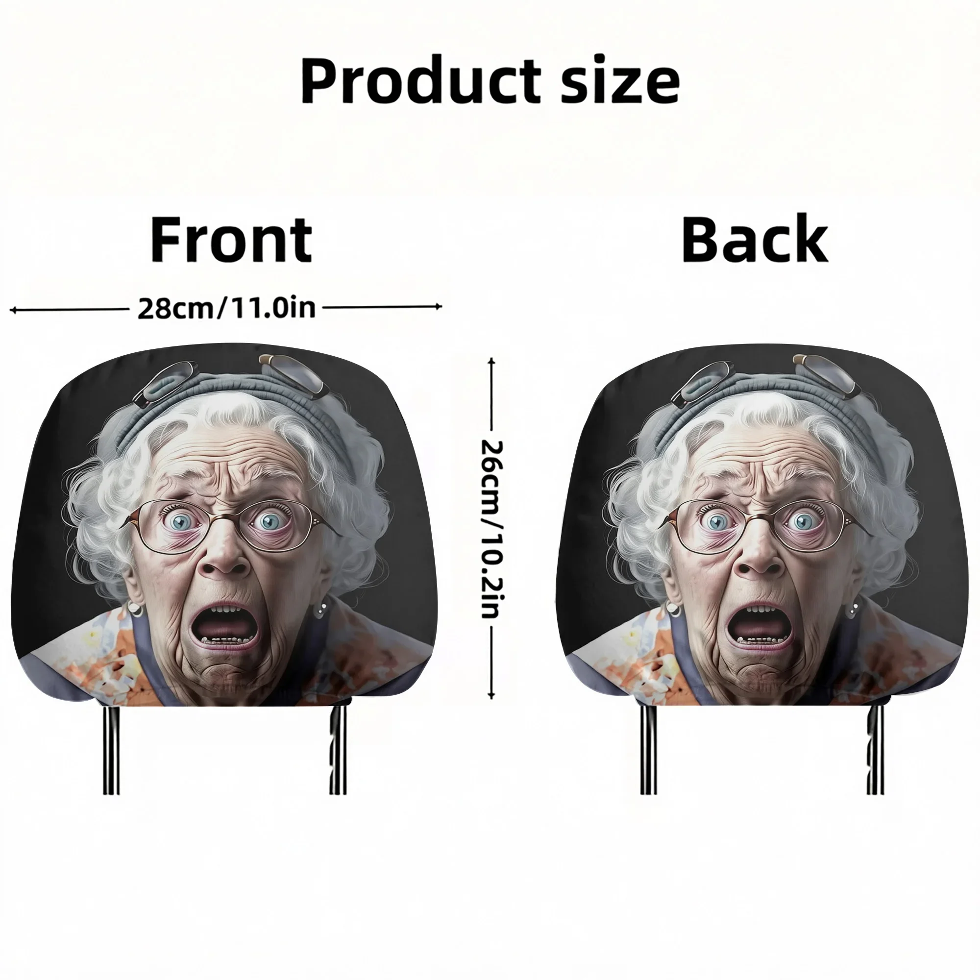 Startled Old Lady Print Car Headrest Covers 2pcs, Comfortable & Durable, Car Atmosphere Headrest Covers