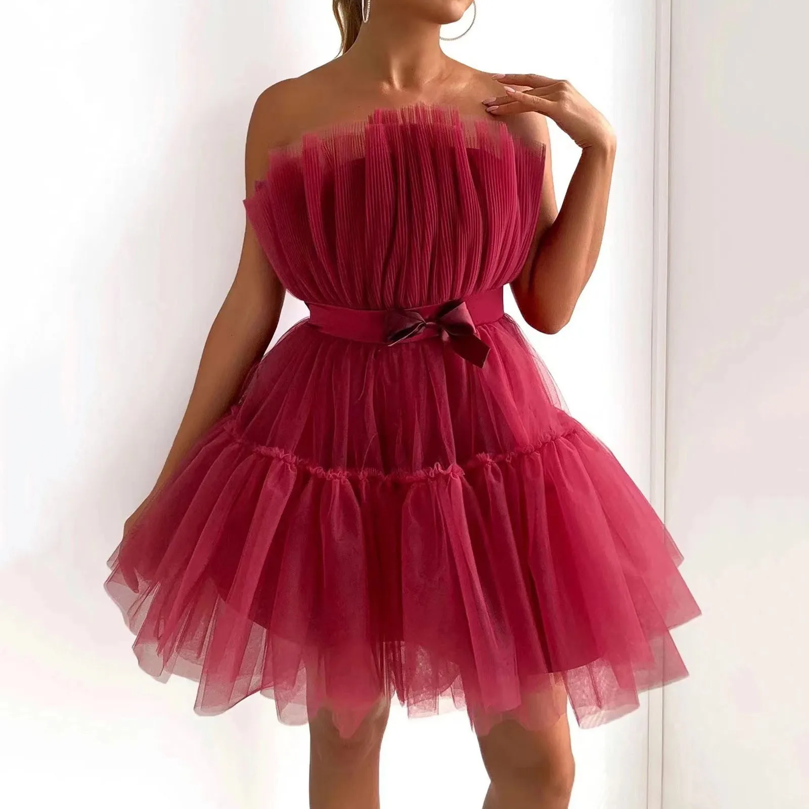 Strapless Mesh Birthday Fairy Dresses Ruffle Cocktail Party Poofy Gown Photoshoot Tulle Dress Women Short Puffy Prom Dress