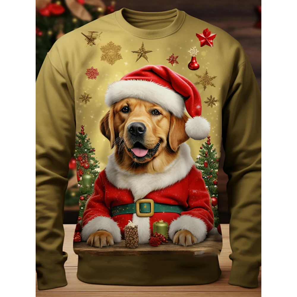 Camisa masculina bonita de manga comprida marrom com gola redonda, novo padrão moda cachorro pet, camiseta casual estampada em 3D, roupa de outono,