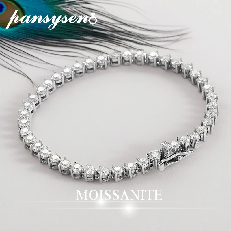 

PANSYSEN Luxury 925 Sterling Silver 3MM D Color Moissanite Tennis Bracelet for Women 3 Claws Full Diamond Bracelets Wedding Gift