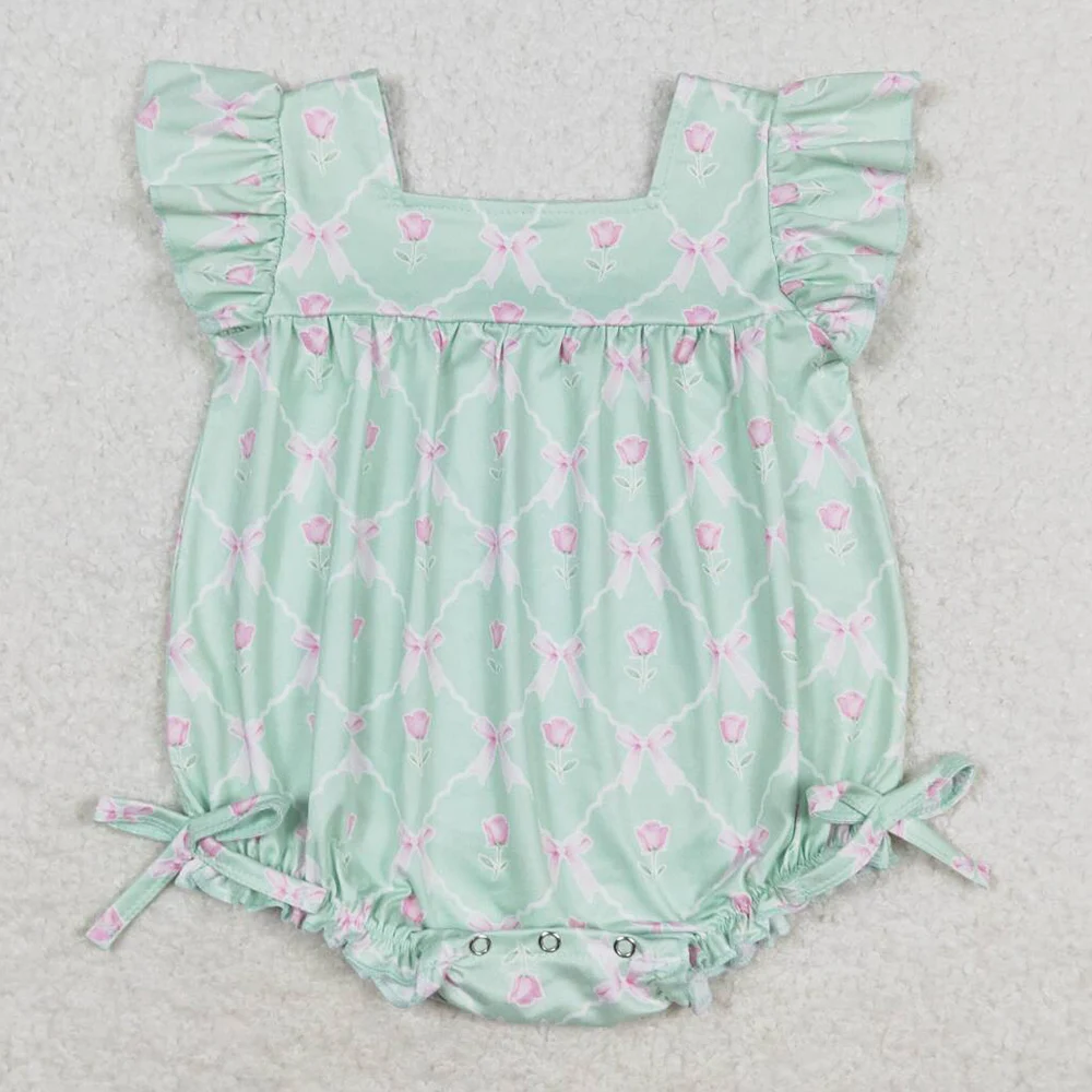 Boutique Infant Baby Girls Rompers Green Bows Flutter Sleeve Summer Romper Fashion Toddler Girls Clothes Jumpsuits Baby Rompers