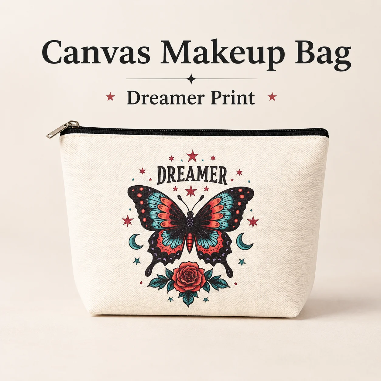 Cute Butterfly Floral Print Canvas Makeup Bag, Vintage Cosmetic Pouch for Women, Portable Travel Toiletry Bag with Zipper, Aesthetic Beauty Organizer Storage Case for Daily Essentials, Girls Gift