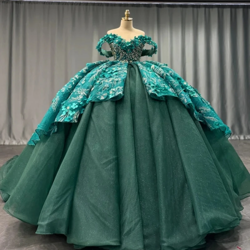 

Dark Green Shiny Quinceanera Dresses Off The Shoulder Applique Flower Beads Tull Corset Party Birthday Sweet 16 Dress Vestidos