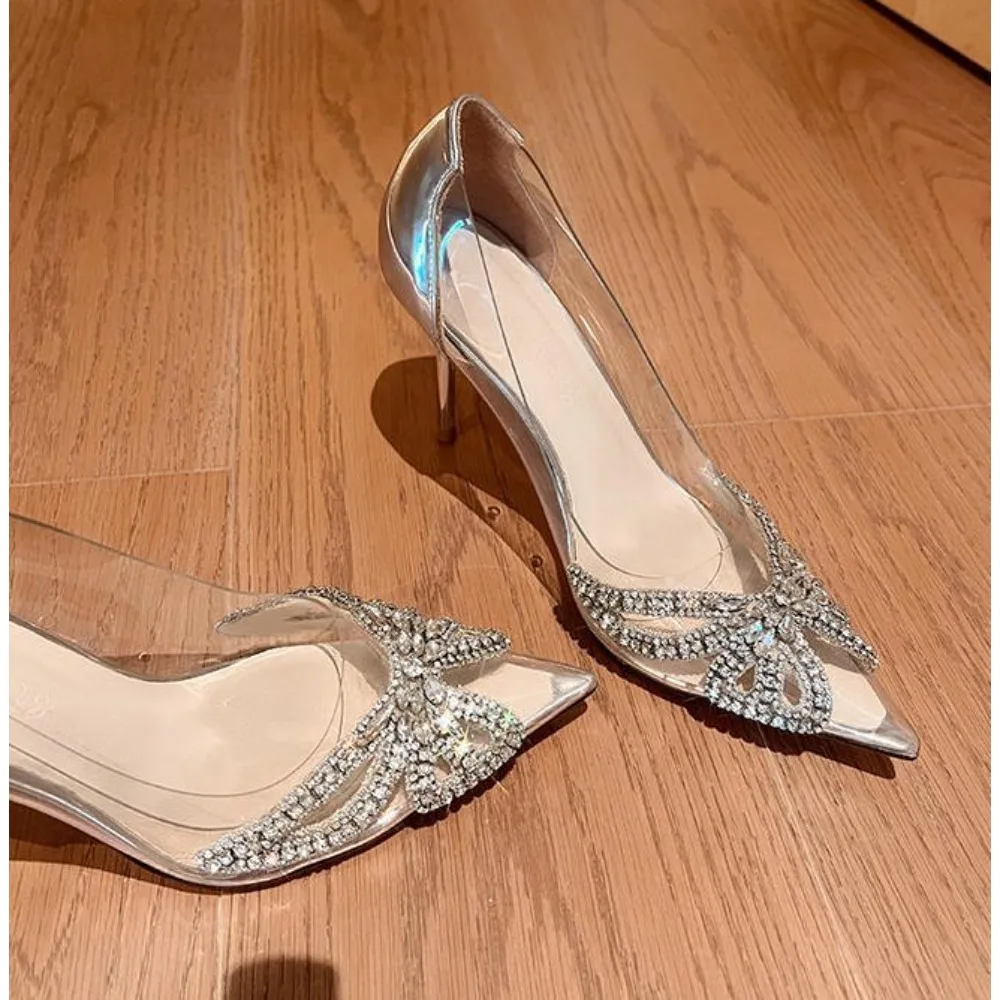 

Designer New Women's Fashion Pointed Transparent PVC Rhinestone Wrapped Back Buckle High Heel Sandals Banquet Pumps