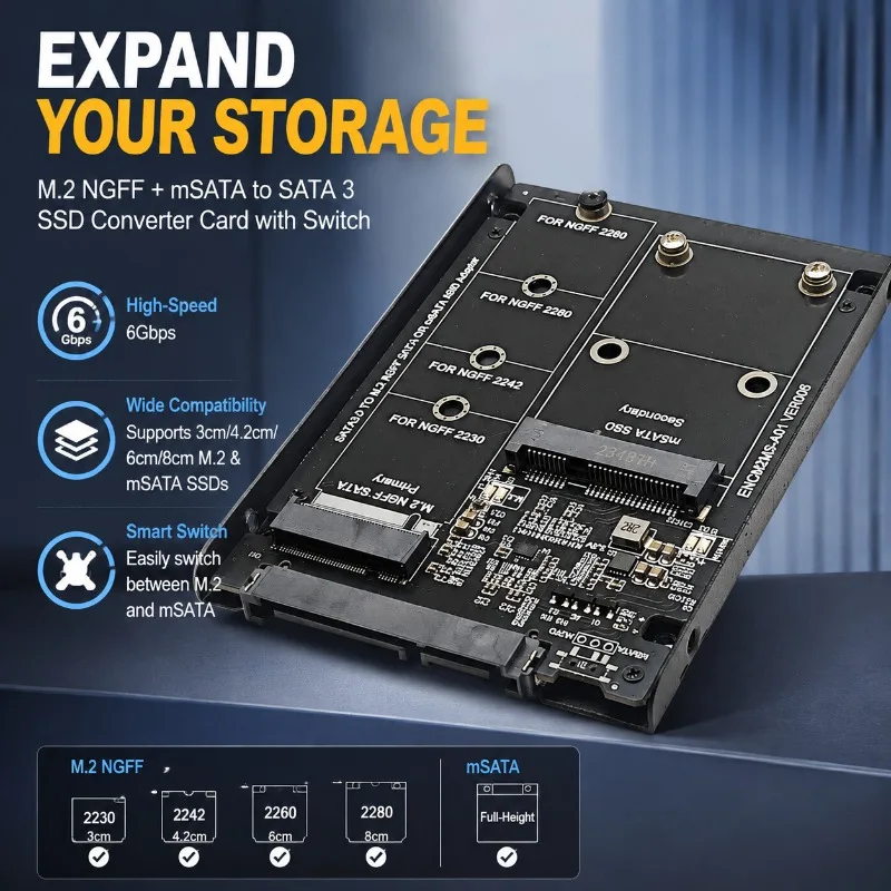 M.2 NGFF & MSATA To SATA 3 Adapter Card with Switch, 6Gbps SSD Converter, Supports 3cm 4.2cm 6cm 8cm M.2 and Full‑Height MSATA