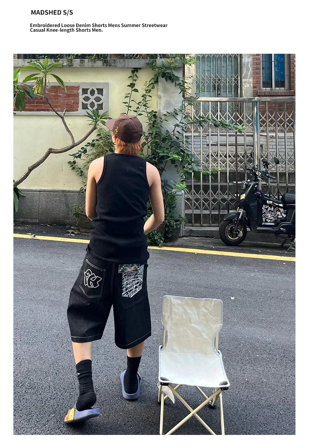 Bestickte lose Jeans shorts Herren Sommer Streetwear schwarze knielange Jeans shorts – Detail 4