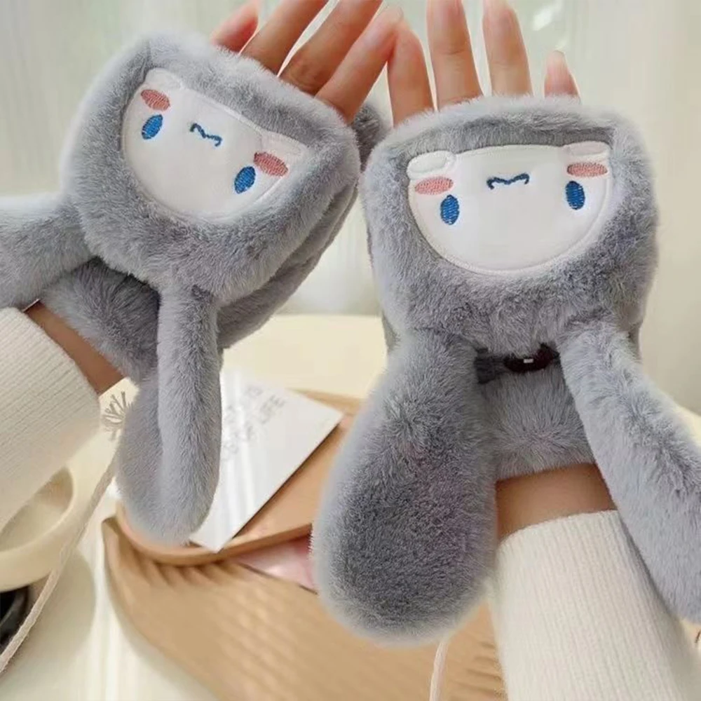 قفازات شتوية من القطيفة كاواي سينامورول سانريو أنيمي كارتون دافئ نصف إصبع ناعم وسميك هدية مهرجان الطالبات