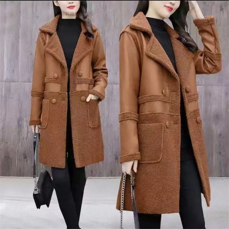 Autumn Winter Faux Leather Coat Women Thicken Warm Two Sided Wear Patchwork PU Leather Jacket Female Long Outerwear