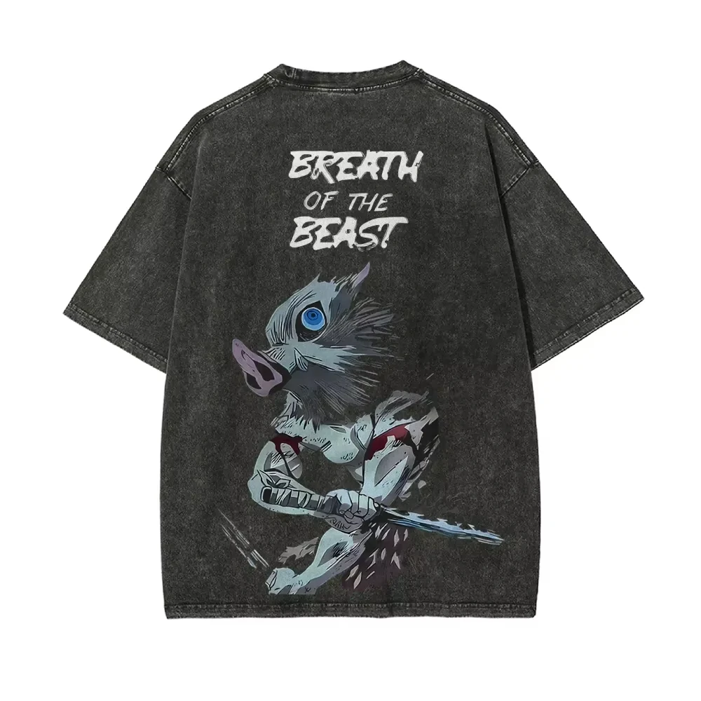 2026 Demon Slayer Inosuke Hashibira Wildschwein-Kopf Vintage Washed T-Shirt Street Style Lockerer Kurzarm-Oberteil für Herren und Damen