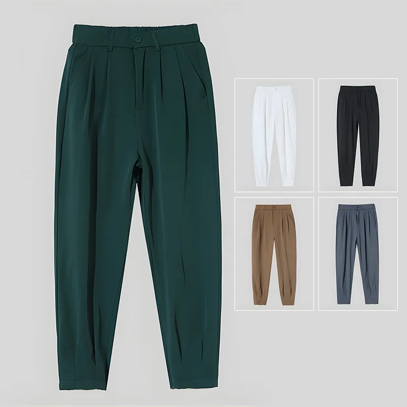 

Ankle Zipper Suit Pants Men Harajuku Korean Fashion Spring Autumn Men Classic Harem Pants Simple Wild Vintage Ice Silk Trousers