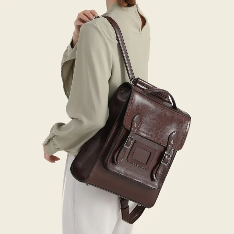 New Genuine Leather Backpack Vintage Women's Fashion Cowhide Girls Versatile British College Style Large Capacity Backpack