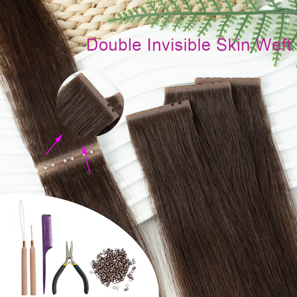 

Brown Invisible Twin Tabs Hair Weft Human Hair Extensions Straight Inject PU Hole Weft Microlinks XO Weft Blonde 10pcs/Pack