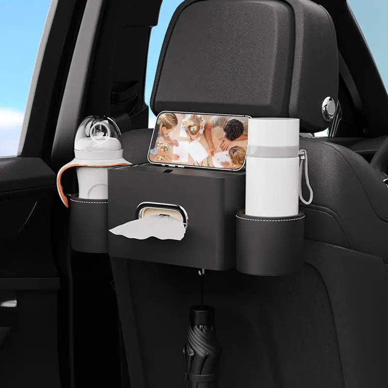 Headrest Storage Box With Hooks Multi-Functional Seat Back Organizers 2 Cup Holder Cell Phone Slot Car Organizer For Convenience