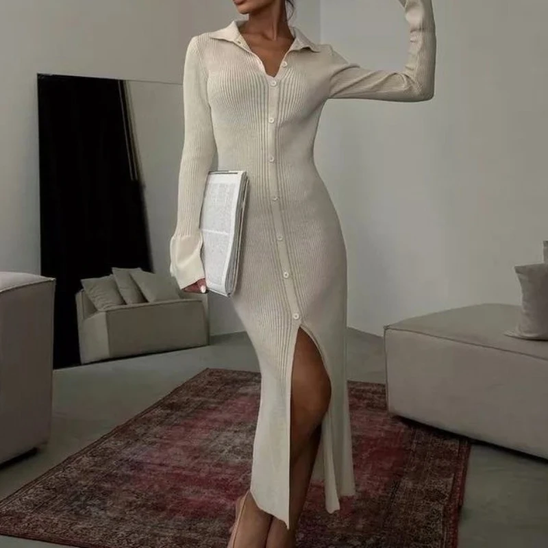 

Lapel Single-breasted Knit Dress Slim Bag Hip Split Women's Long Skirt