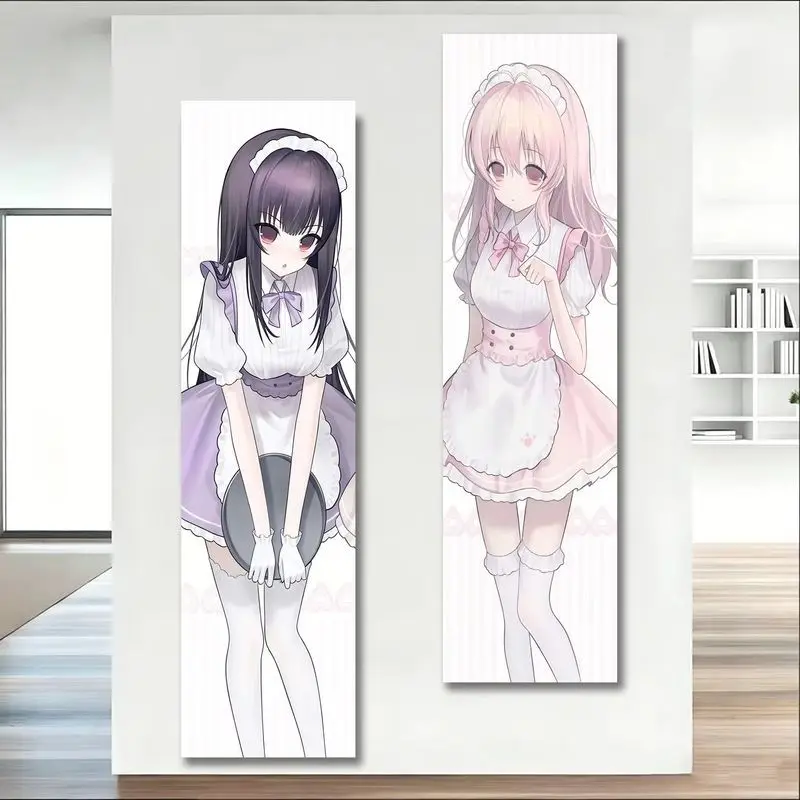VIKAMA Anime Maid Girls Tapestry Black Pink Hair Long Vertical Wall Hanging for Bedroom Dorm Otaku Room Wall Decor Gift