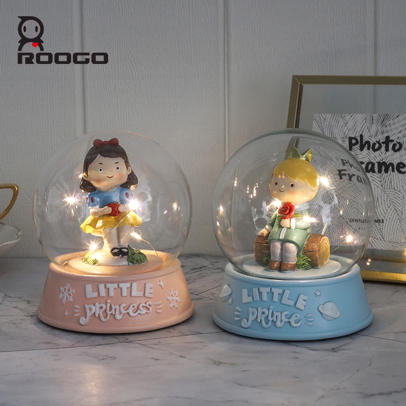 Roogo Fairy Tale Cartoon Little Prince Resin Figurine Light Crystal Ball Home Crafts Decoration Living Room Desktop Gift