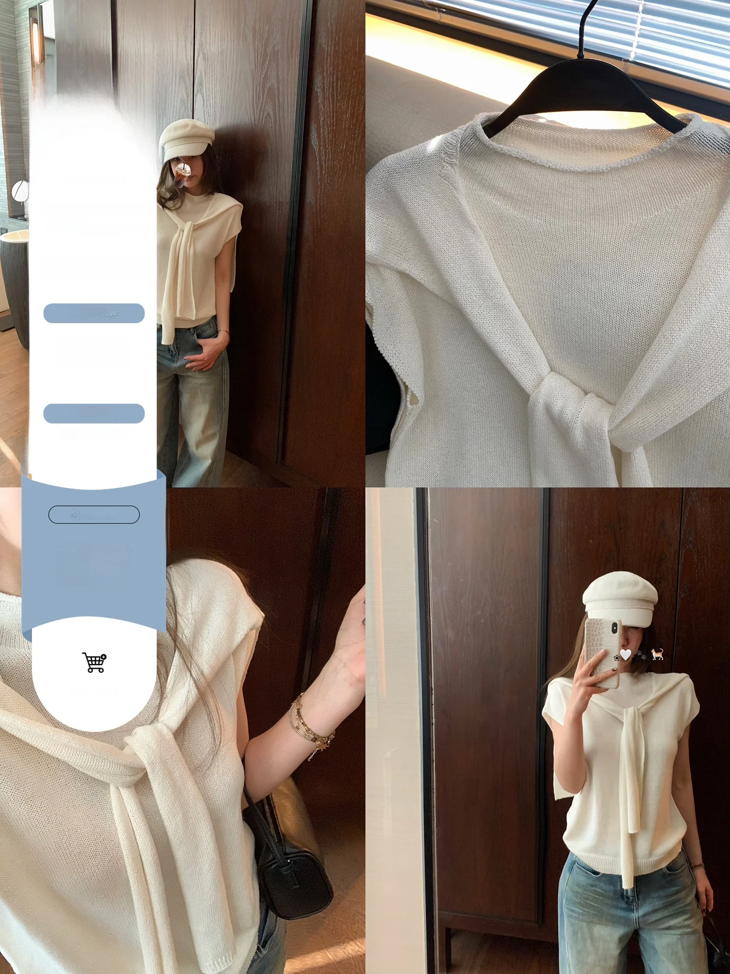 

Blue Paper Silk Scarf Shoulder Wrap Knitted Top Women Spring Summer Vintage Small Flying Sleeve Slimming Top