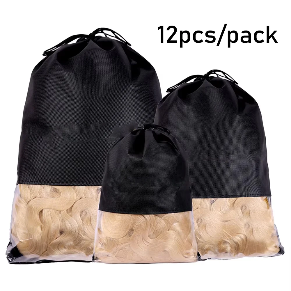 12pcs Portable Non-woven Wig Bags with Clear Window Drawstring Dustproof Travel Storage Bags for Women