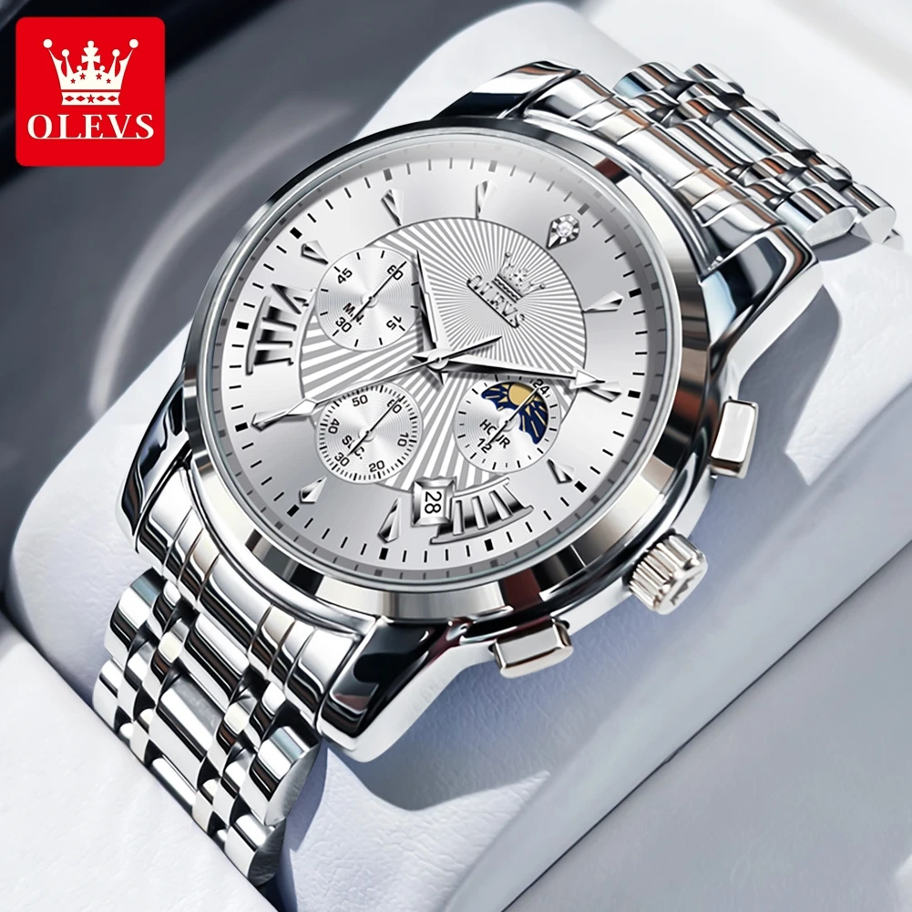 OLEVS 2892 Chronograph Herren Quarz-Armbanduhr Mondphase Leuchtend Datum Edelstahl Herren Business-Uhr Klassisch
