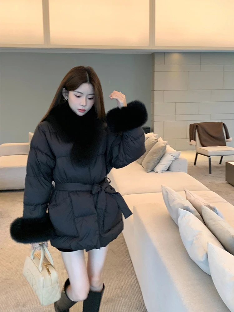 Lady Luxury Big Real Fox Fur Collar Down Coat with Belt Women Winter Fluffy White Duck Down Puffer Jacket