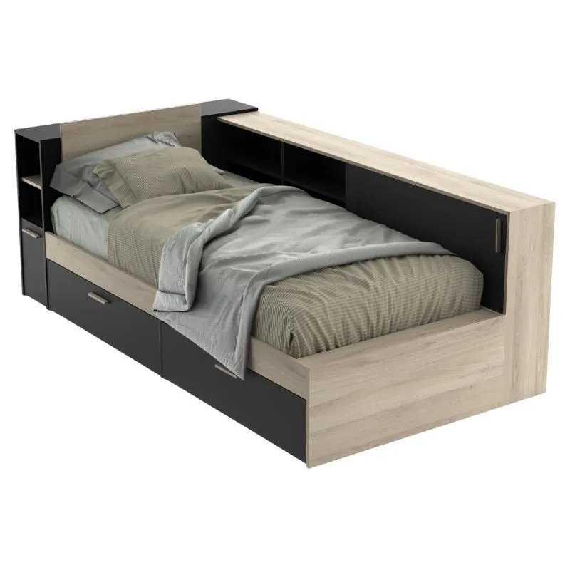 Black and oak Kronberg 90x190-200 Cm Life bed with storage