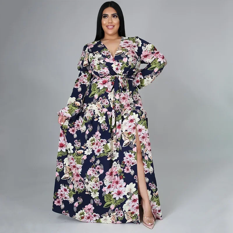 KEXU-vestido maxi de manga comprida com decote em v para mulheres, cintura alta, túnica, grande balanço, chique, sexy, elegante, festa, primavera, 2022, plus size