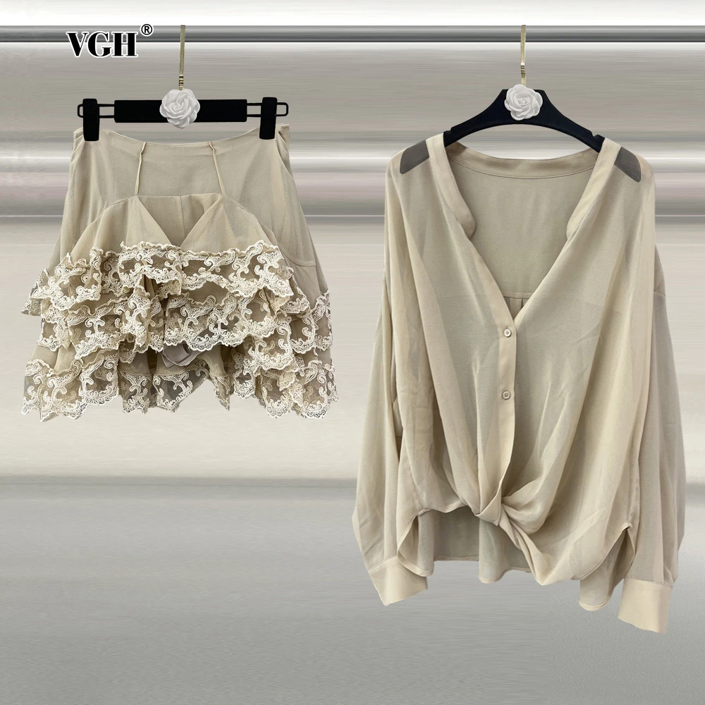 VGH Solid Spliced Sheer Mesh Two Piece Set for Women Lapel Long Sleeve Top Patchwork Lace Tiered Mini Skirt Summer Outfit Female