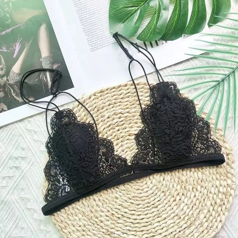 Reggiseni con coppa a triangolo con fibbia anteriore alla moda, bralette in rete di pizzo senza fili con scollo a V profondo, biancheria intima sottile trasparente senza cuciture da donna