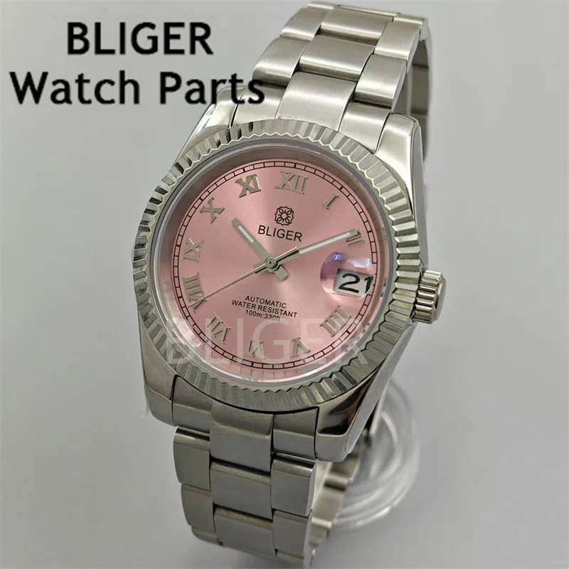 BLIGER 36mm/39mm White Pearl Sunburst Pink Blue Brown With Roman Index AR Coated sapphire glass NH35 Automatic Movement