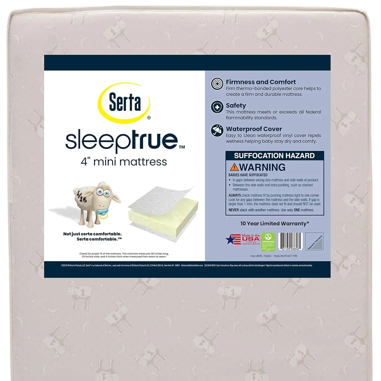 

Serta Sleeptrue Mini Crib Mattress, Premium Sustainably Sourced Fiber Core, Hypoallergenic & Waterproof Cover, Greenguard Gold