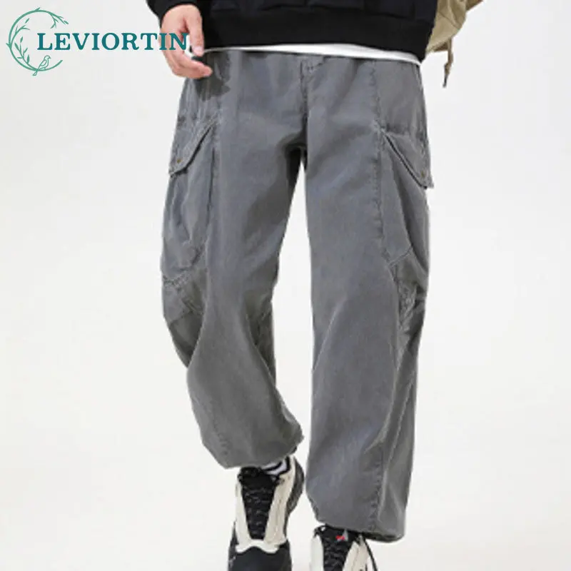 

Japanese fashion versatile pocket design work pants men's solid color washed retro casual loose and comfortable simple pants