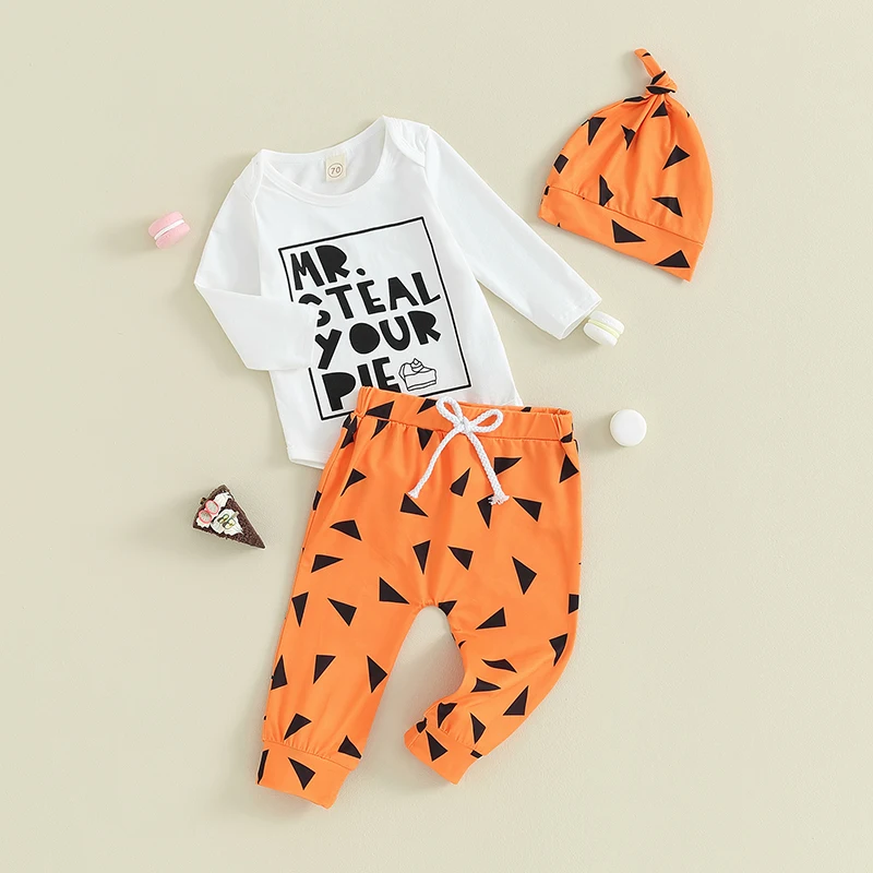 Trajes de Halloween para bebés y niños, peleles de manga larga con estampado de letras, pantalones largos con estampado geométrico, sombrero, conjunto de ropa de Otoño de 3 piezas