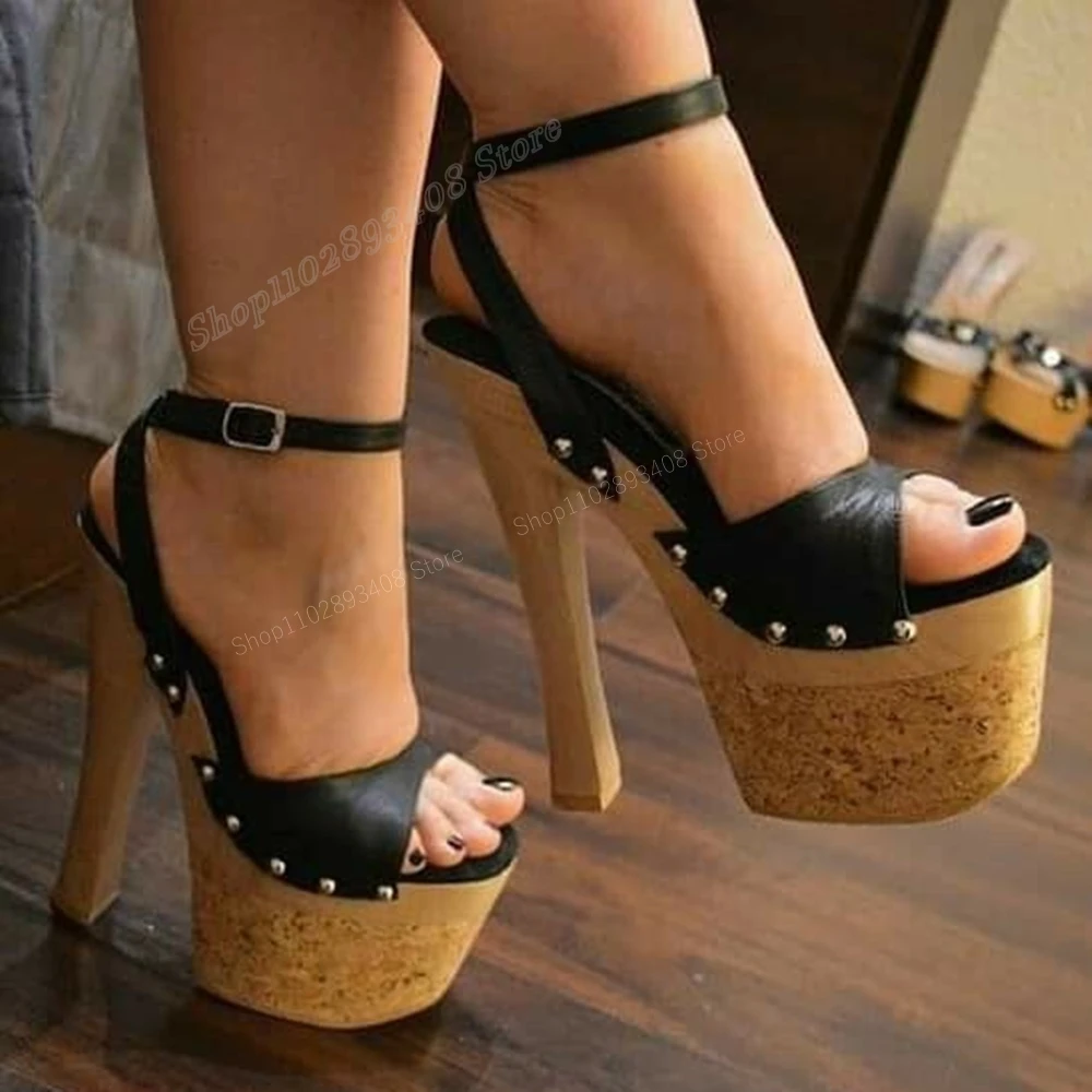 Black Platform Round Rivets Decor Sandals Chunky High Heel Ankle Buckle Fashion Sexy Women Shoes 2024 Summer Zapatos Para Mujere