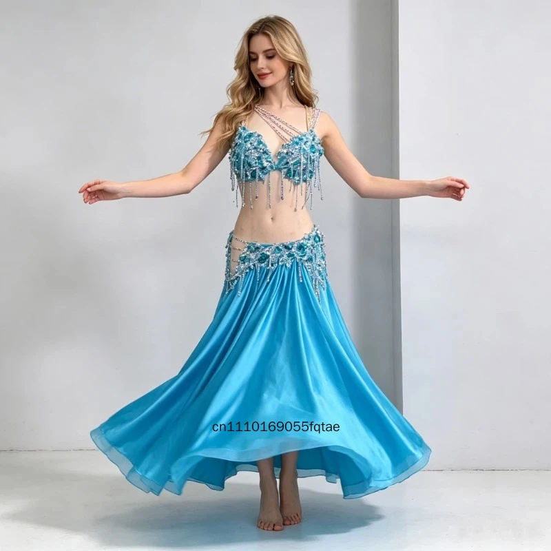

Sky Blue Belly Dance Costume Set Sexy Long Skirt Customized Style Stage Performance Dance Outfit For Women
