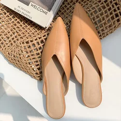 Retro Flat Shoes Women 2023 Korean Style Long Toe Seam Closed Mouth Slippers Brown Novetly Wide Fit Slides In Sizes EU32-48 29cm