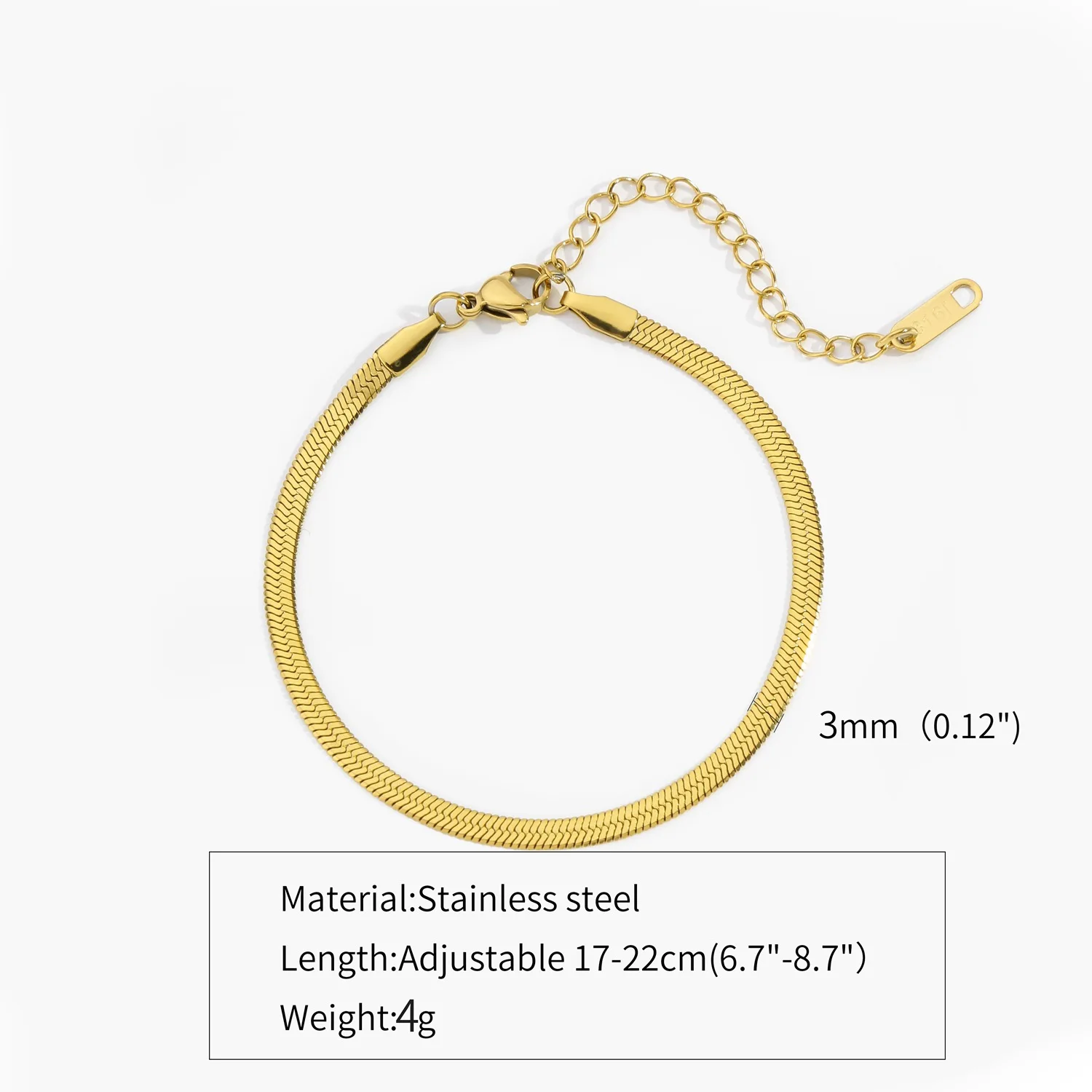 2-5 mm Edelstahl-Kettenarmband für Damen und Herren, goldfarben, Schlangenkette, mit verlängerter Kette, wasserdicht, Party-Schmuck – Detail 7