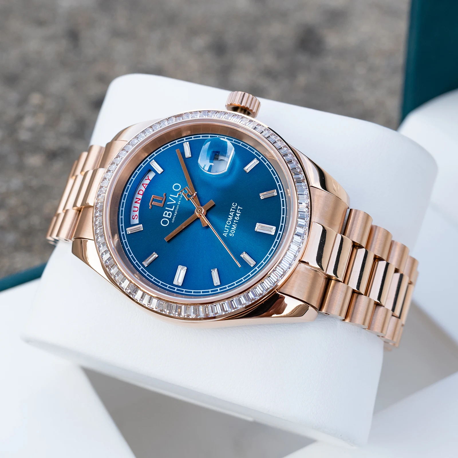 OBLVLO Men's Rose Gold Mechanical Watch with Gemstone Bezel Blue Dial Date Day Function Bracelet Elegant Timepiece RX-DD-SD
